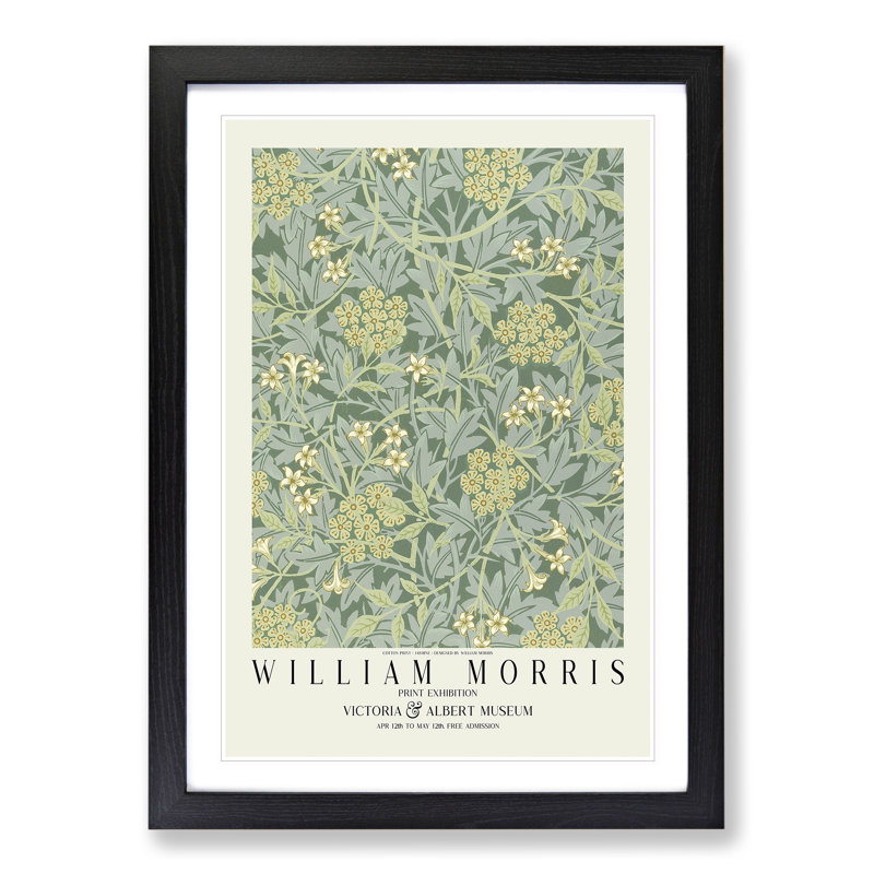 Jasmine with Border by William Morris - Picture Frame Painting on MDF, Black, 48cm H x 36cm W x 2cm D