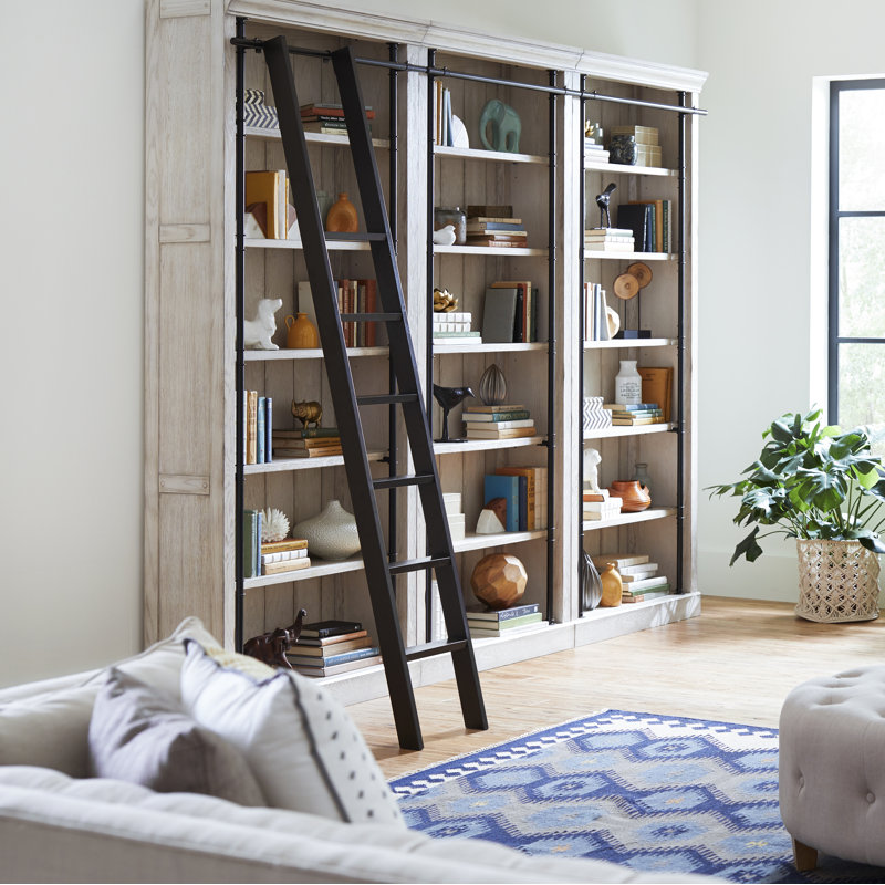 Rydell Lorna Rustic 8" Tall Bookcase Wall With Ladder, Storage Organizer, Display Shelf For Office, Fully Assembled, White