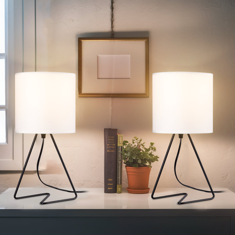 Ensemble de 2 lampes de table industrielles en métal avec abat-jour en tissu blanc