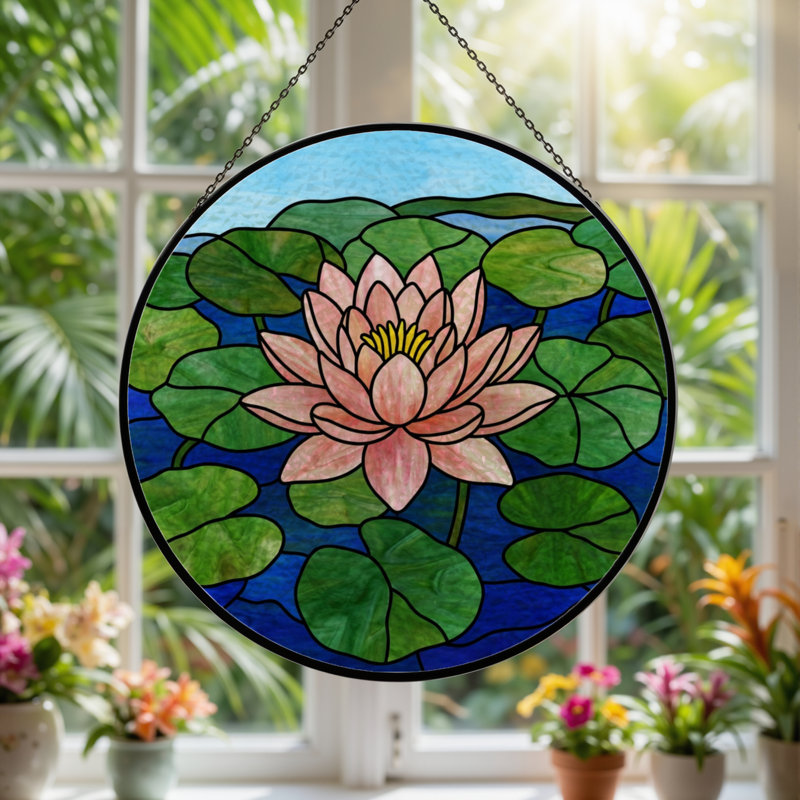 Panneau de vitrail 12 "H Water Lily, H 12 po x l 12 po