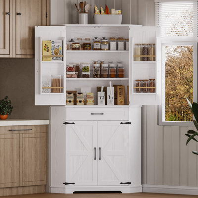 Corner Pantry Cabinet With Drawer, 72"h Kitchen Storage Cabinet With 240° Barn Doors, 5 Shelves, 2 Enclosed Compartments, White