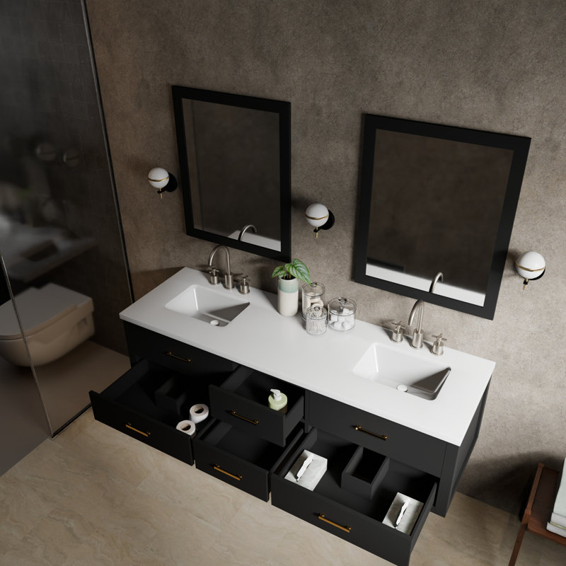 Ensemble de meuble-lavabo double mural 72 po Castor, Noir, Marbre de culture blanc