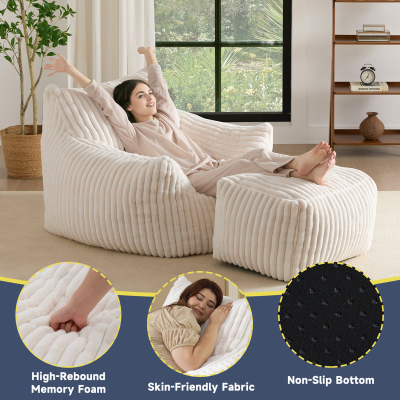 Large Corduroy Compression Bean Bag Chair with Ottoman Memory Foam Lazy Floor Sofa, Beige Polyester Blend