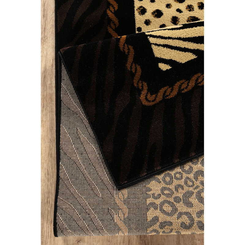 Rectangle Animal Print Area Rug In Black Multi With Leopard And Tiger Patterns, Machine-Made, Rustic Style, 100% Polypropylene, Jute Backing, & Pet Safe, 0.4 Pile For Entry 36 In. Deep 24 Wide Bold