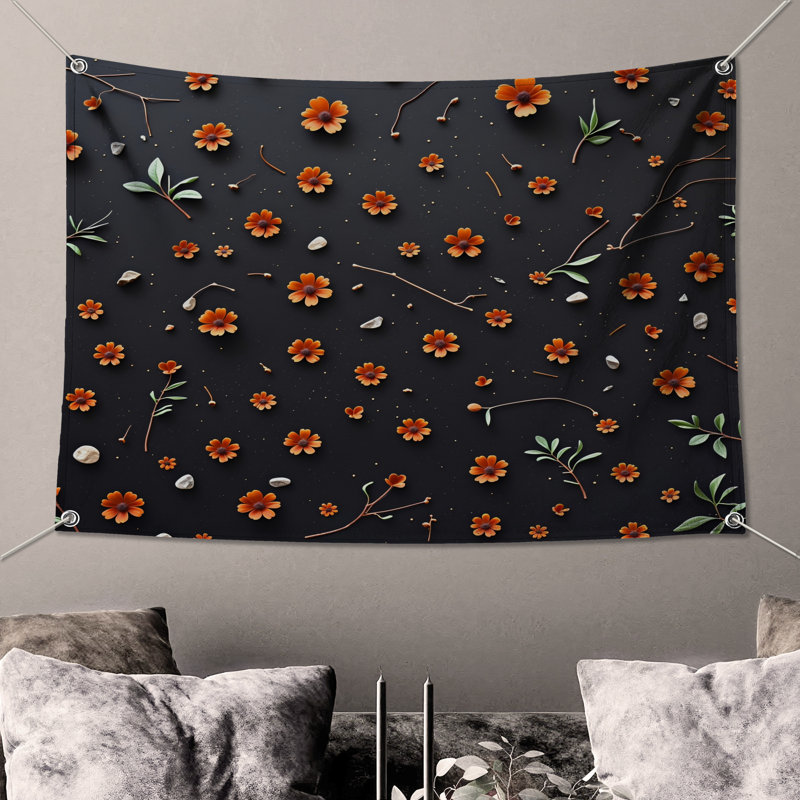 Tapisserie murale fleurs orange, H 104 po x 88 avec 4 œillets