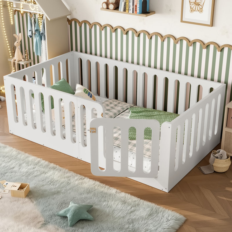 Kids Twin Montessori Floor Bed with Safety Fence and Gate, Twin, White