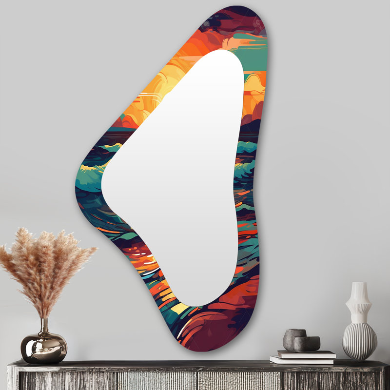 Sunset On The Beach Expressive Retro Colors III - Beach Asymmetrical Large Wall Mirror, Blue Freeform Decorative Mirror, Printed Metal Art