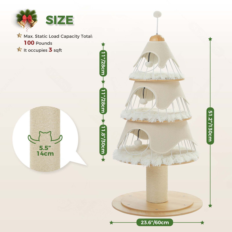 Arbre de Noël pour chat 51,2 "avec poteau à griffes épais, 3 condos - Meuble robuste avec cadre en métal et tapis remplaçable pour chaton d'intérieur