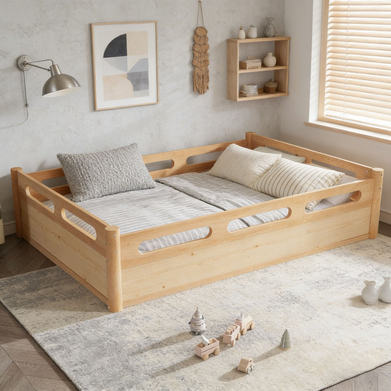 Floor Platform Bed with Full-length Guardrails, Naturel, Lit double