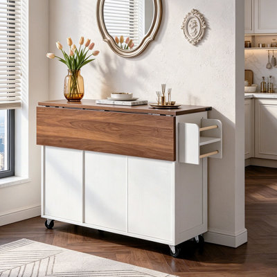 54.5" Farmhouse Kitchen Island with Power Outlet, Kitchen Storage Island with Internal Storage Rack, Drop Leaf, Spice Rack, Rolling Kitchen Cart on Wheels