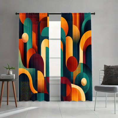 2PCS Vibrant Orange Teal Burgundy Gold Geometric Abstract Light Filtering Curtains, Minimalist Art Easy Rod Pocket Window Treatments for Living Room, Bedroom and Dormitory