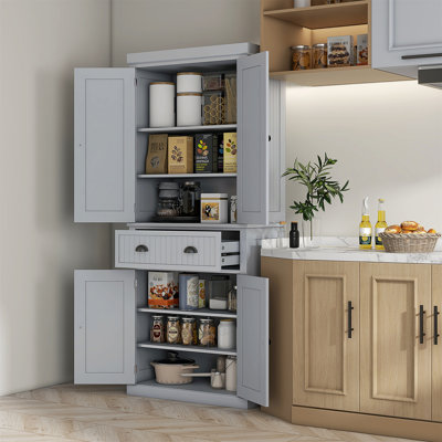 72" Kitchen Pantry Storage Cabinet, Traditional Freestanding Cabinet With 4 Doors And 3 Adjustable Shelves, Large Central Drawer, Beadboard by Dovecove