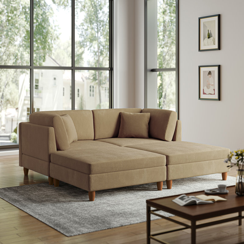Seemab 79.6" W Corduroy 4-Piece Upholstered Reversible Sectional, Camel