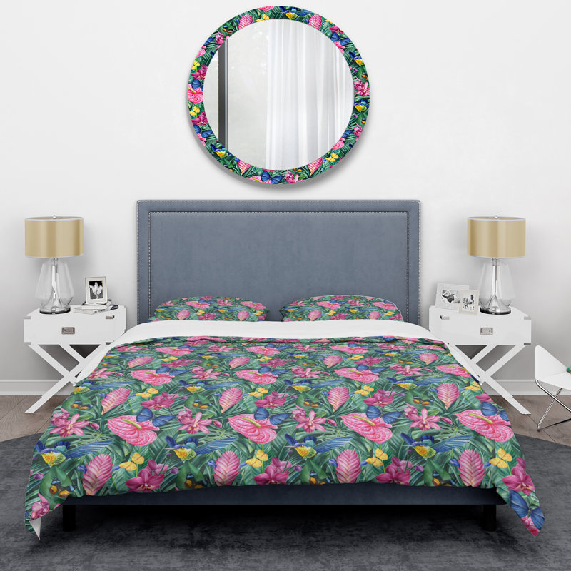 Vert et rose Tropical I - Ensemble de housse de couette à motif floral - Microfibre de polyester
