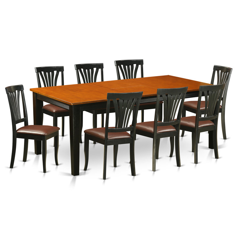 Ensemble de table de salle à manger 9 pièces comprenant une table rectangulaire en bois avec feuille papillon et 8 chaises de salle à manger en similicuir, noir et cerise