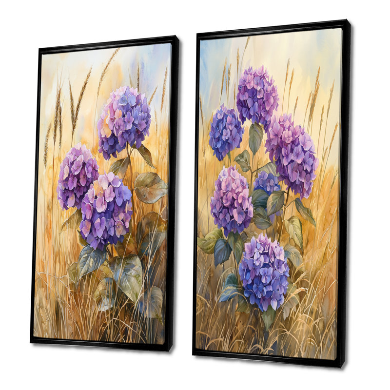 Hydrangeas In A Golden Field I - Floral Canvas Prints 2 Panels Collection, H 32 po x l 33 po, Cadre flottant noir