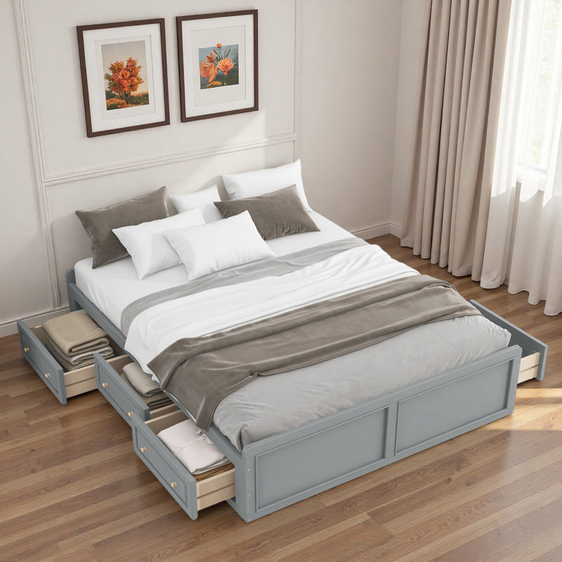 Structure de lit plateforme en bois avec 6 tiroirs, gris