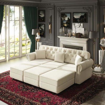 82.6 Inch Velvet Upholstered Chesterfield Sofa with Nailhead Trim, Rolled Arms, and 3 Pillows 3 Ottomans for Mid-Century Modern Living