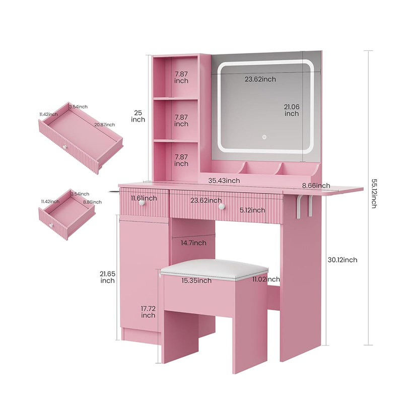 Vanity Desk with Mirror and Lights and Charging Station, Compact Makeup Vanity Set with Storage Chair for Bedroom, Pink