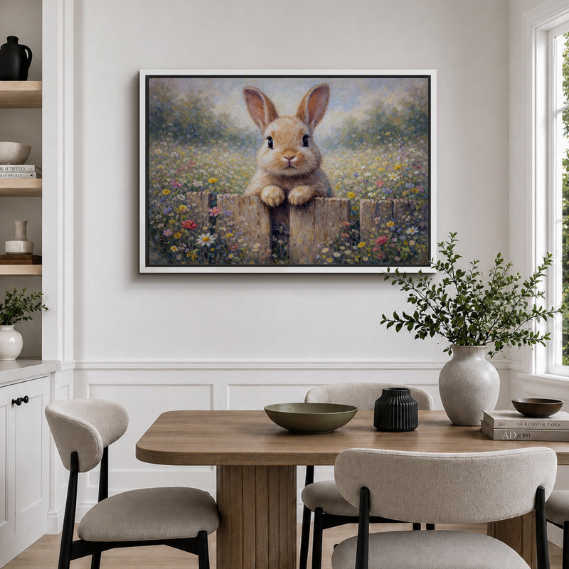 «Cute Bunny In Wildflower Garden», image de chambre de bébé, impression sur toile encadrée, H 16 po x l 24 po x P 1,5 po