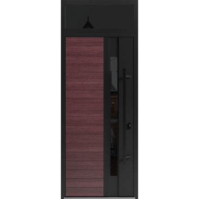 Front Exterior Prehung Steel Door / Ronex 0162 Red Oak / Top Exterior Window Sidelite / Entry Metal Modern Painted W36" x H80+16" Left hand Inswing
