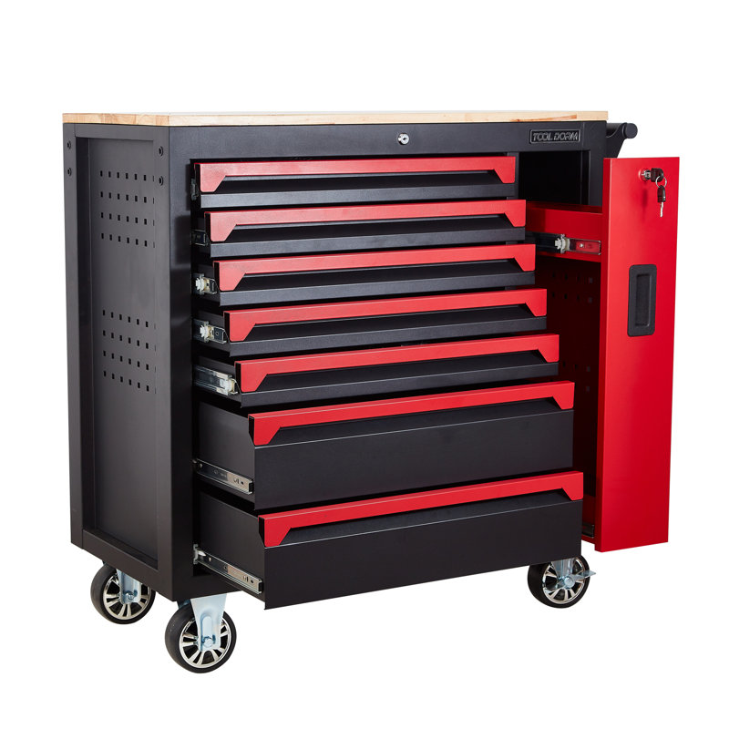 36.2-inch Rolling Large Tool Chest Cabinets 7 Horizon Drawers And 1 Vertical Side Drawer And 4 Wheels, Workbench Rubber Wooden Table, Rolling Toolbox With Drawers Locking System