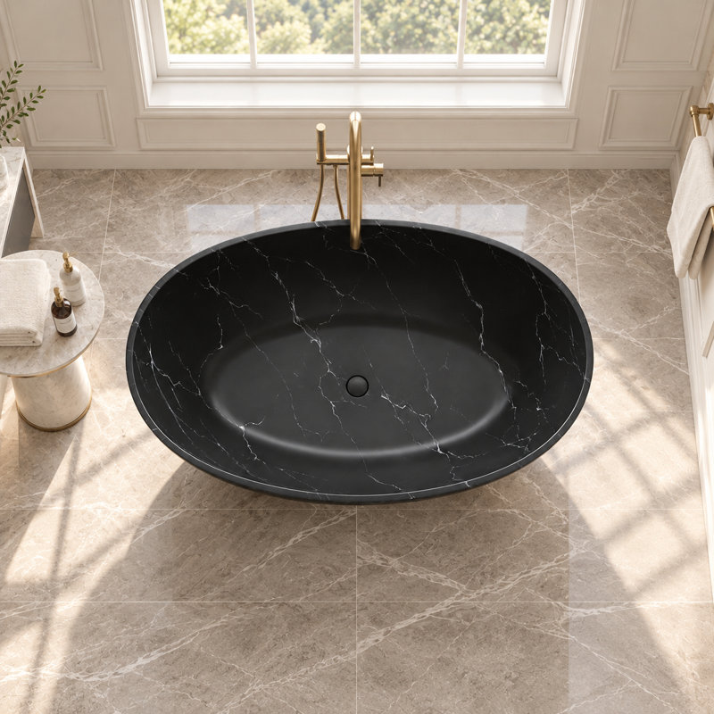 63" Modern Wave Freestanding Soaking Tub, Solid Surface Bathtub In Black Marble Finish, Matte Black