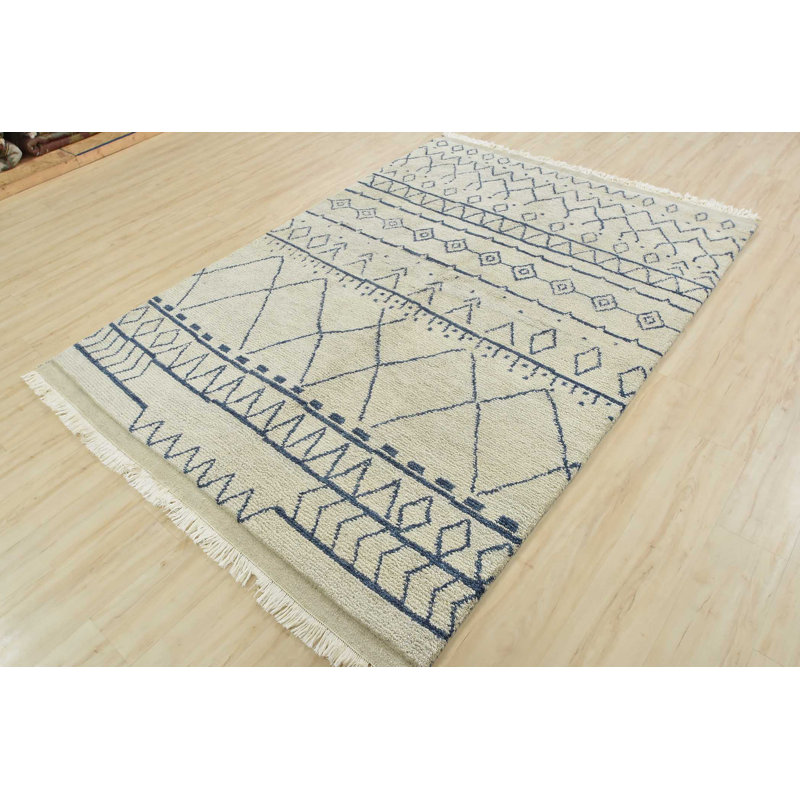 Tapis ivoire en laine noué à la main de conception unique 5 pi 10 po x 8 pi 4 po Gaell