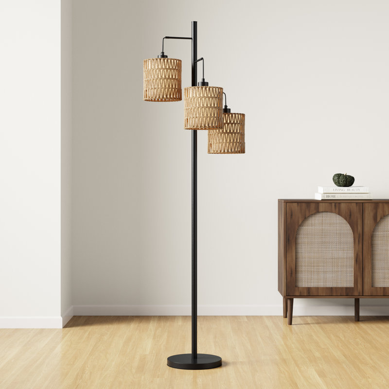 Lampe sur pied à arbres 3 lumières H 65 "avec abat-jour en rotin tissé Coleford, Bois