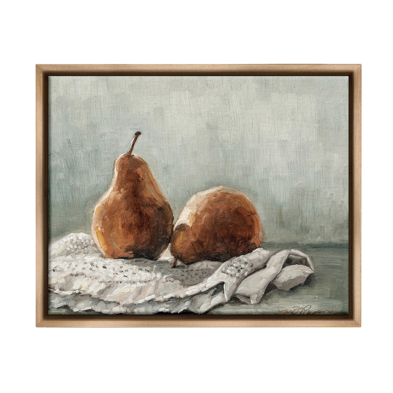 "Pears On Blanket Painting Floater Frame" par Marian Parsons sur toile, H 25 po x l 31 po, Cadre flottant orme Montalcino