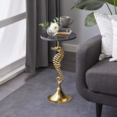 Aluminum Metal Seahorse Side Table with Hornblow Black Marble Top