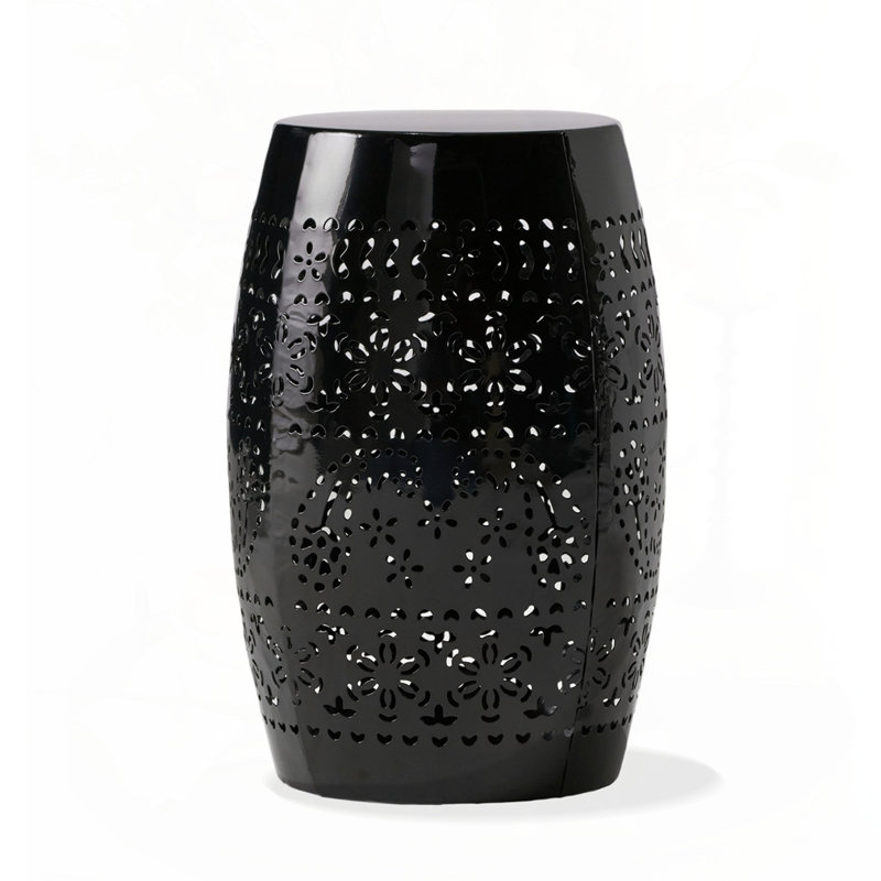 Lace Cut Metal Barrel Shape Accent Table, Black