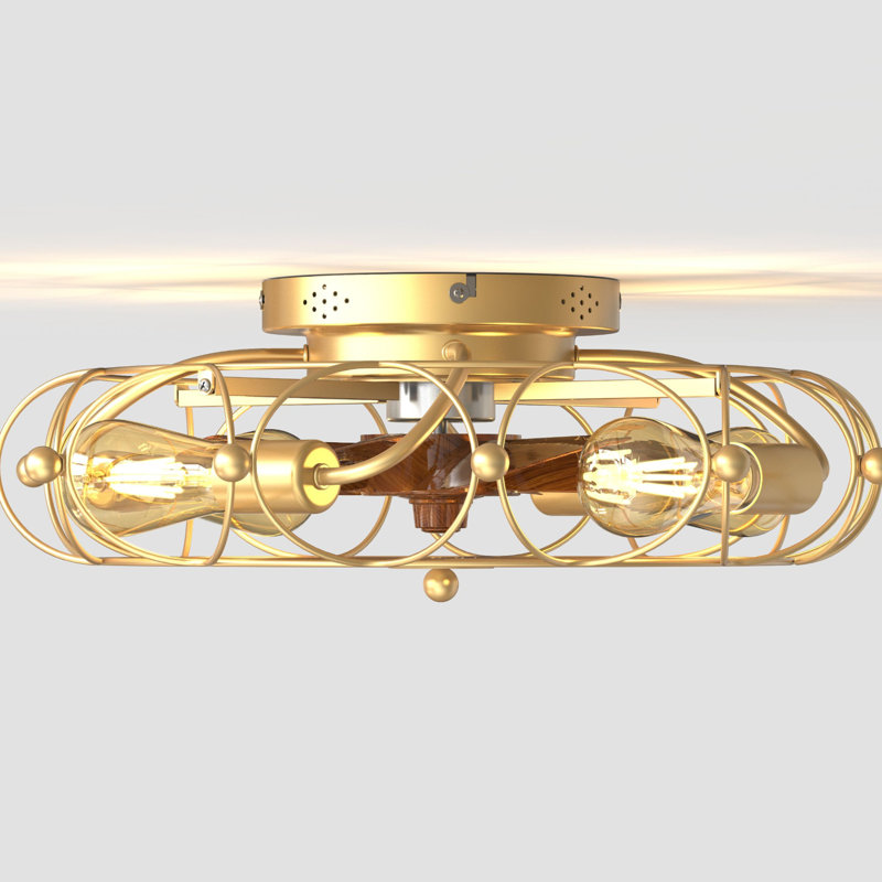 20" Low Profile Caged Flush Mount Ceiling Fan With Light And Remote Control, 6-Speed Reversible, Gold