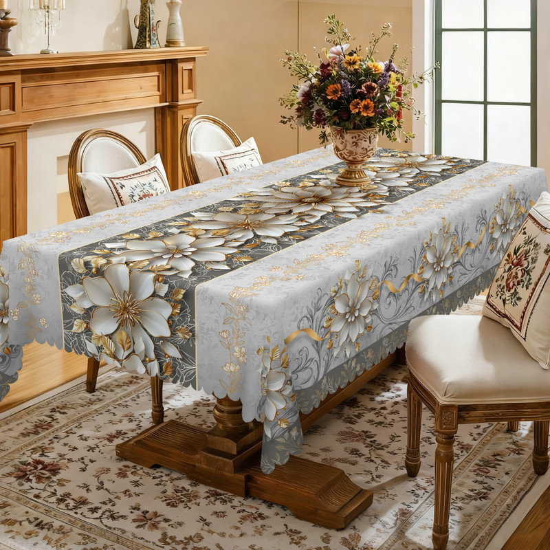 Nappe en polyester lavable à la machine à motif floral gris, L 70,8 po x l 55,12 po