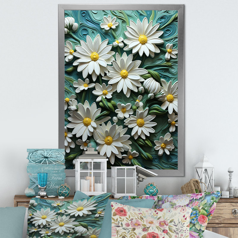 Marguerite blanche en fleurs élégance VI sur toile, Cadre simple argenté, H 40 po x l 30 po x P 1,5 po