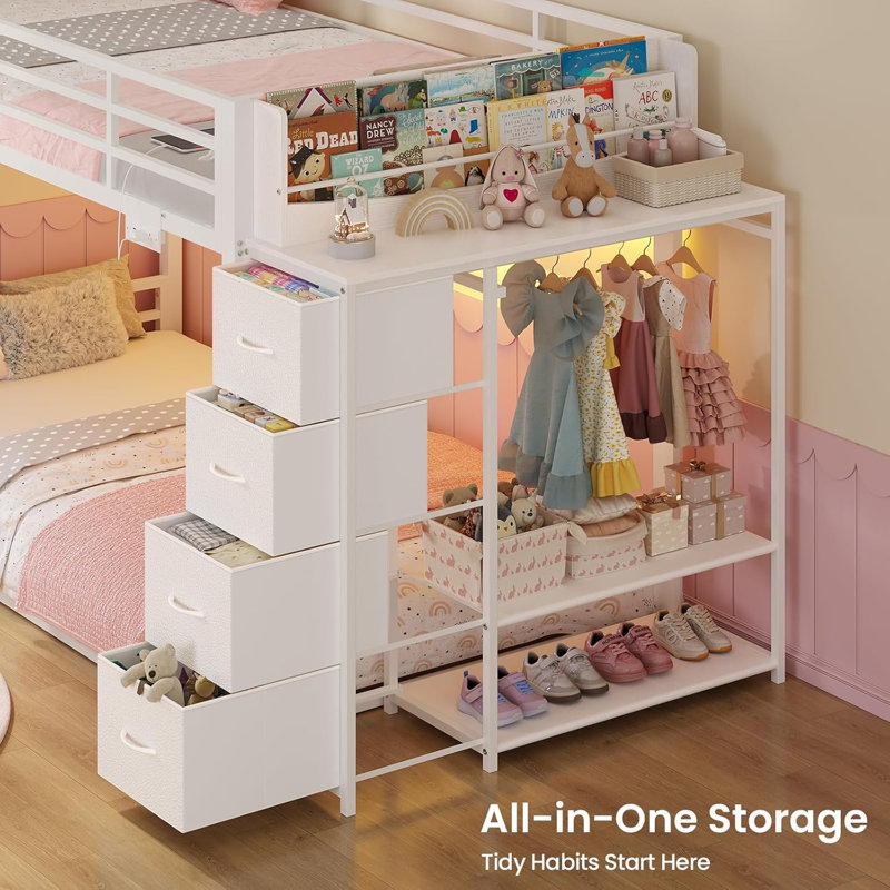 Bed Twin Over Twin With Bookshelf, 4 Storage Drawers, Metal Kids Bunk Bed With Power Outlet & Rgb Lights, Clothing Rack & Shelves, Safety Guardrail & Ladder