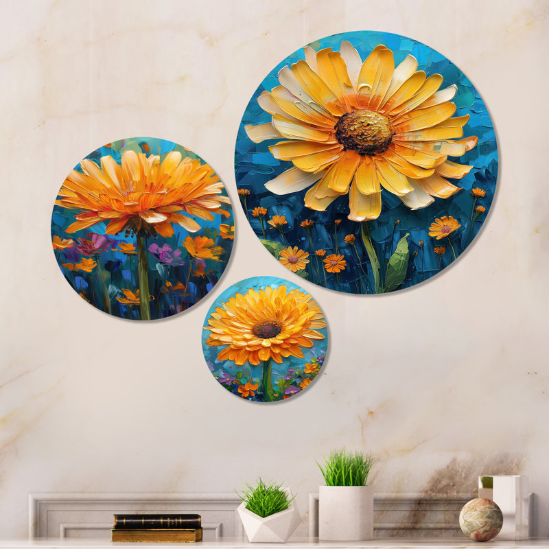 Fleur de pissenlit jaune et bleu jaune I - Pissenlit, ensemble de 3 reproductions d'art mural en métal