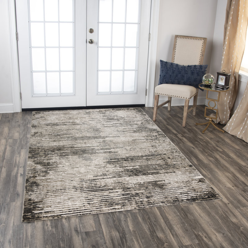 Tapis rectangulaire rectangulaire en polyester tissé à la machine ivoire / gris, Rectangle 6 pi 7 po x 9 pi 6 po
