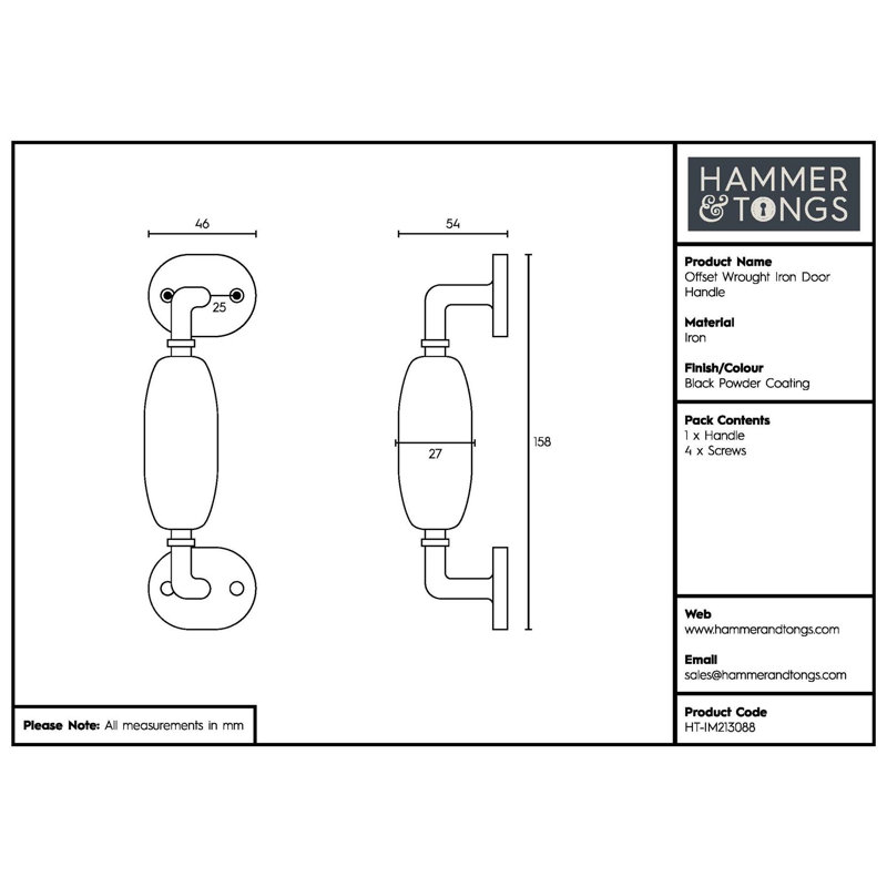 Hammer & Tongs - Offset Wrought Iron Door Handle - H160mm - Black