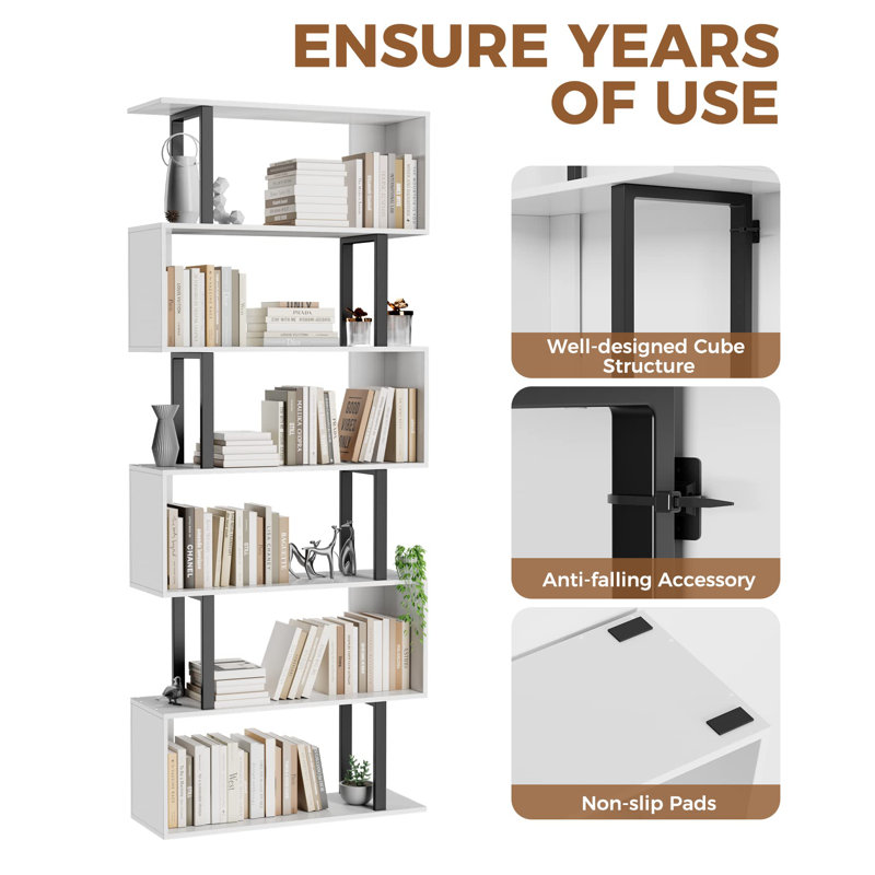 White and Black 6-Tier Geometric Wood and Metal Bookcase