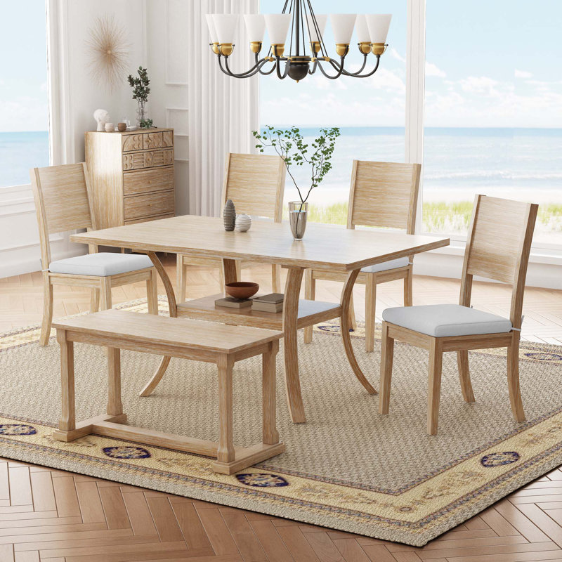 Table de salle à manger 6 pièces avec tablette de rangement, banc et 4 chaises, Naturel, Naturel