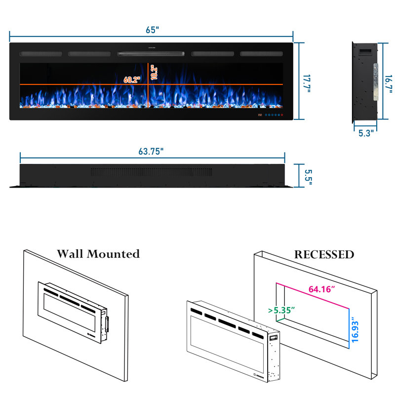 Cassella Black Electric Fireplace with 5120 BTU, 17.7" H x 65" W x 5.5" D