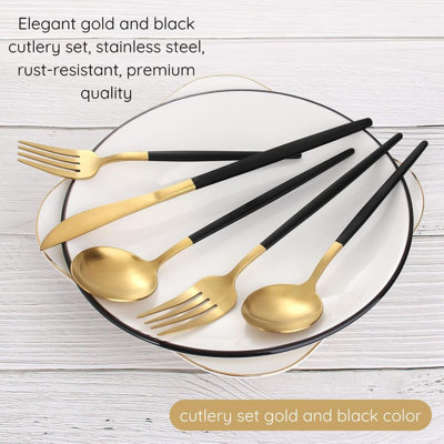 10-Piece Black And Gold Stainless Steel Flatware Set - Modern Design Meets Durability For Elegant Dining