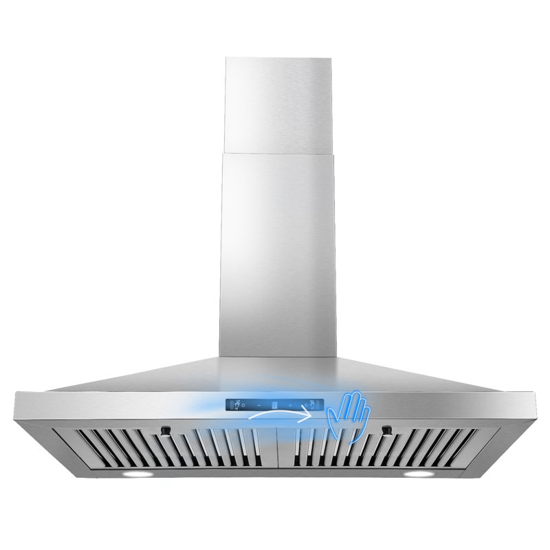 Hotte de cuisine murale, sans conduit / sans conduit avec fonction d'arrêt différé, 480 pieds cubes par minute, ventilateur à 3 vitesses, lumières à DEL écoénergétiques, contrôle doux du toucher / geste, filtres à graisse en acier inoxydable