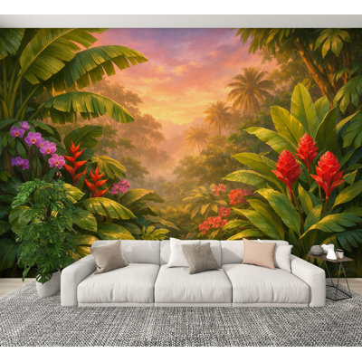 Papier peint adhésif pelez et collez, forêt tropicale, jungle, feuillage vert, fleurs exotiques, fleurs murales, H 100 po x l 144 po, papier peint amovible en PVC, adhésif mural pour chambre à coucher, bureau à domicile