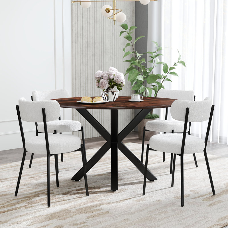 Ensemble de salle à manger à piédestal rond 5 pièces, Blanc / noir, Brun