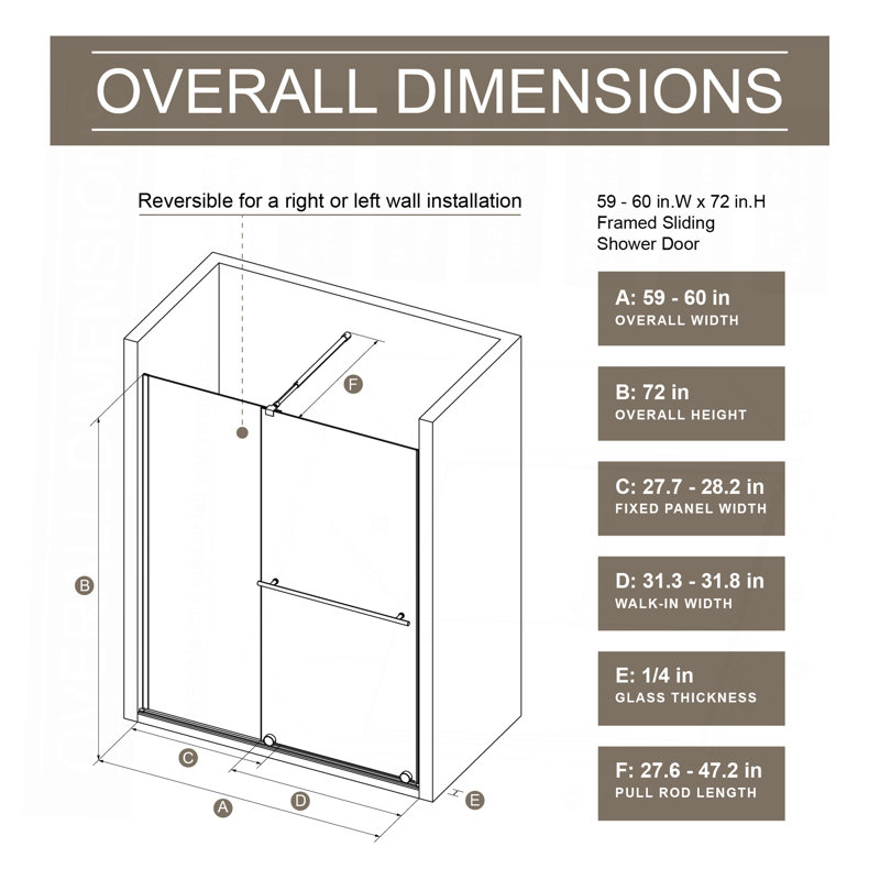 30 - 60 In.W X 72 In.H Shower Sliding Door Walk-In Shower Screen Dual Usage
