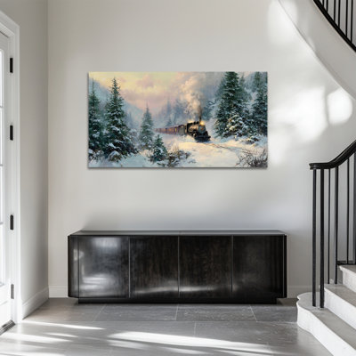 Art de toile de Noël train forêt d'hiver, peinture de paysage de pin enneigé, impressions de photo d'arbre de Noël rétro, œuvre de toile prête à accrocher pour salon chambre bureau à domicile, 12 po x 24 po