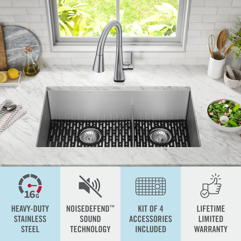 Delta Lenta 32" Satin Stainless Steel Double Bowl Undermount Kitchen Sink