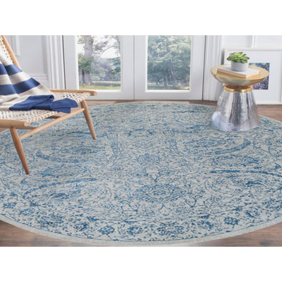 Tapis oriental rond en laine et soie bleu tissé à la main 12 pi 0 po x 12 pi 0 po - MOA10263506